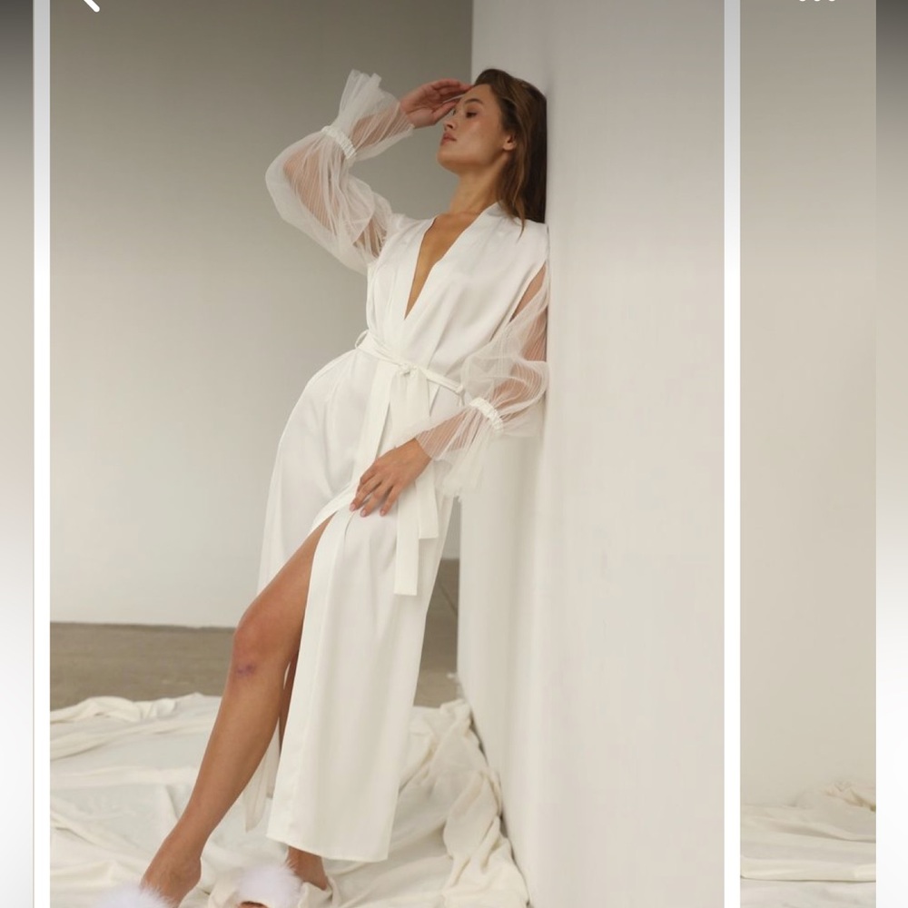 Etsy Bridal robe with wide sleeves long Satin silk boudoir tulle sleeves NEW